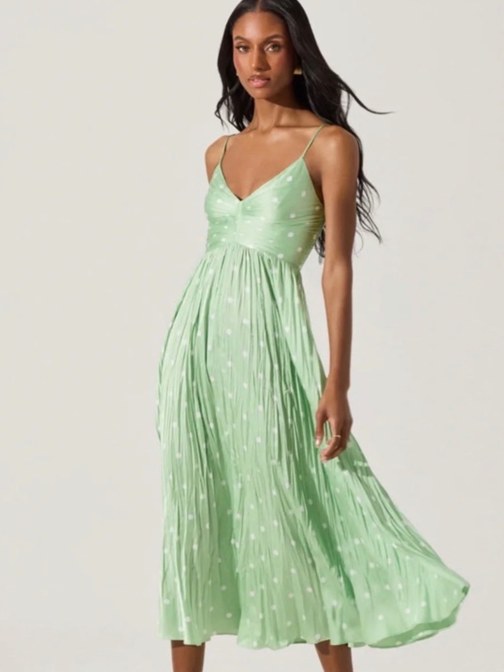 Astr Maeve Pleated Midi Dress, Mint Green Polka Dot, M